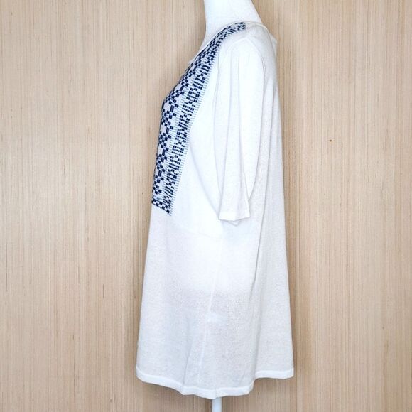 J. Jill Embroidered Knit Tunic Top White Blue Linen Blend short Sleeve Women's L - Picture 3 of 10